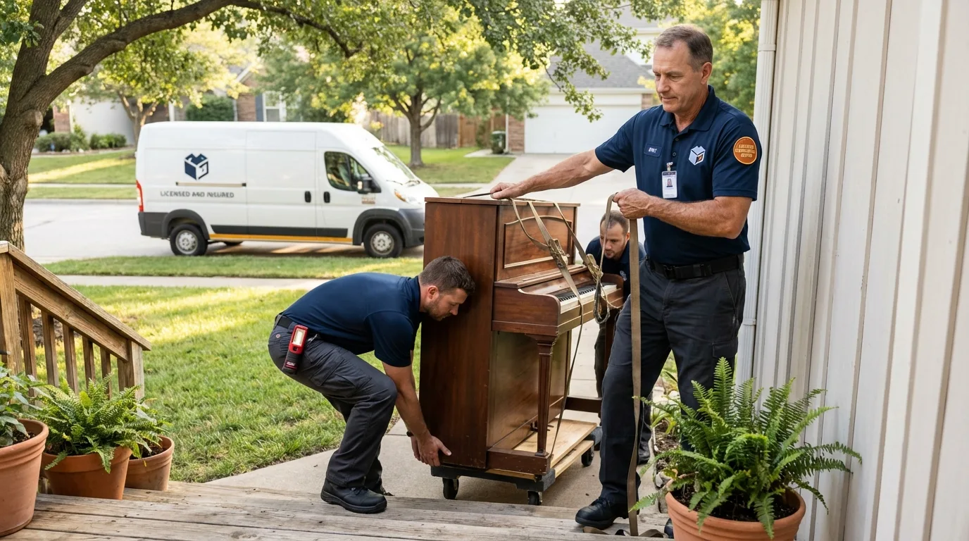 Licensed piano movers securing grand piano in Gilbert, IA
