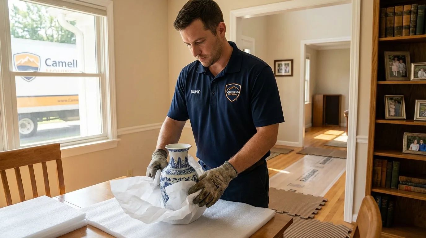Professional crew carefully wrapping antique vase for senior downsizing move in Gilbert, IA