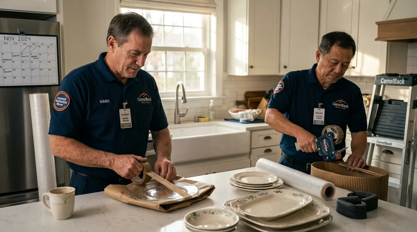 Professional crew packing kitchen dishware in Gilbert, IA